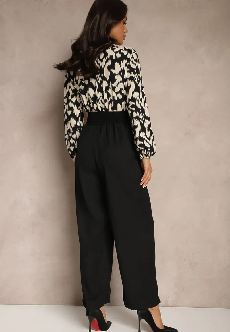 Czarno-Beżowy Kombinezon z Długimi Nogawkami i Kopertowym Dekoltem oraz Paskiem z Gumy Koretta