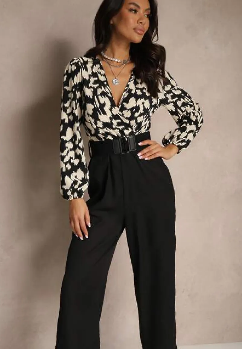 Czarno-Beżowy Kombinezon z Długimi Nogawkami i Kopertowym Dekoltem oraz Paskiem z Gumy Koretta