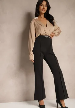 Czarno-Beżowy Kopertowy Kombinezon z Elegancką Koszulową Górą i Szerokimi Nogawkami Vareti