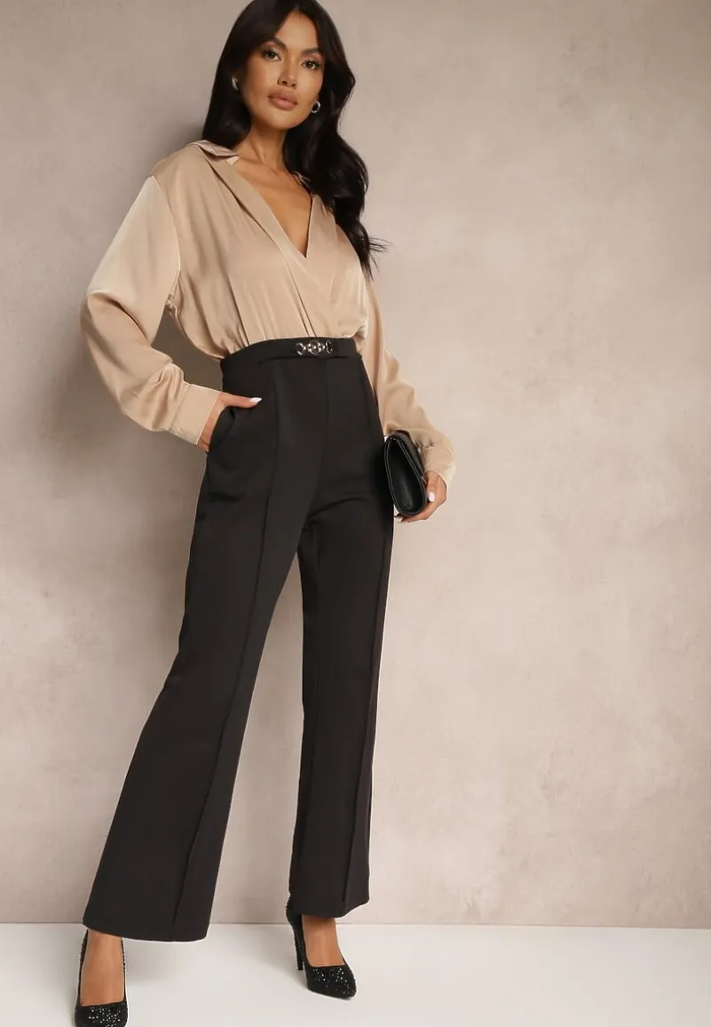 Czarno-Beżowy Kopertowy Kombinezon z Elegancką Koszulową Górą i Szerokimi Nogawkami Vareti