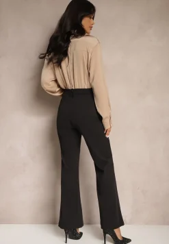 Czarno-Beżowy Kopertowy Kombinezon z Elegancką Koszulową Górą i Szerokimi Nogawkami Vareti