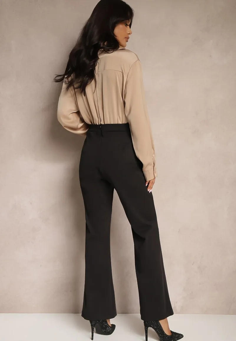 Czarno-Beżowy Kopertowy Kombinezon z Elegancką Koszulową Górą i Szerokimi Nogawkami Vareti