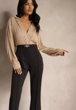Czarno-Beżowy Kopertowy Kombinezon z Elegancką Koszulową Górą i Szerokimi Nogawkami Vareti