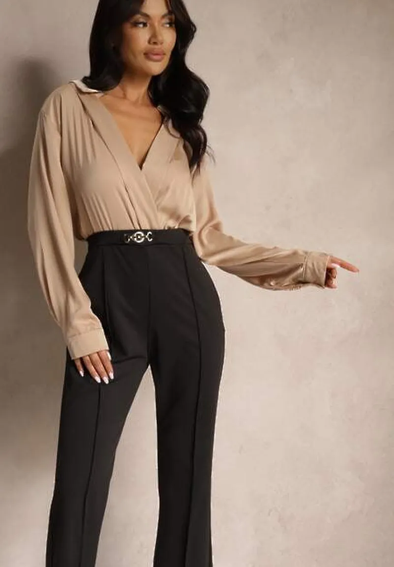 Czarno-Beżowy Kopertowy Kombinezon z Elegancką Koszulową Górą i Szerokimi Nogawkami Vareti
