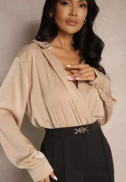 Czarno-Beżowy Kopertowy Kombinezon z Elegancką Koszulową Górą i Szerokimi Nogawkami Vareti