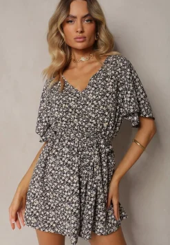 Czarno-Beżowy Taliowany Kombinezon z Materiałowym Paskiem i Gumką w Pasie Wykończony Guzikiem z Tyłu Penilla