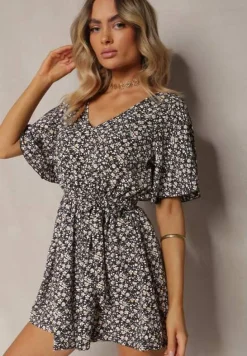 Czarno-Beżowy Taliowany Kombinezon z Materiałowym Paskiem i Gumką w Pasie Wykończony Guzikiem z Tyłu Penilla