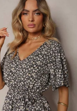 Czarno-Beżowy Taliowany Kombinezon z Materiałowym Paskiem i Gumką w Pasie Wykończony Guzikiem z Tyłu Penilla