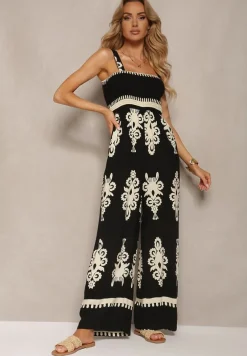 Czarno-Beżowy Wiskozowy Kombinezon z Marszczonym Dekoltem na Ramiączkach z Długimi Nogawkami Amperia