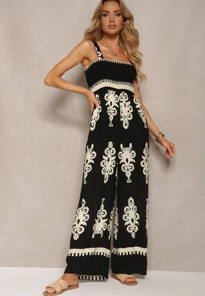 Czarno-Beżowy Wiskozowy Kombinezon z Marszczonym Dekoltem na Ramiączkach z Długimi Nogawkami Amperia