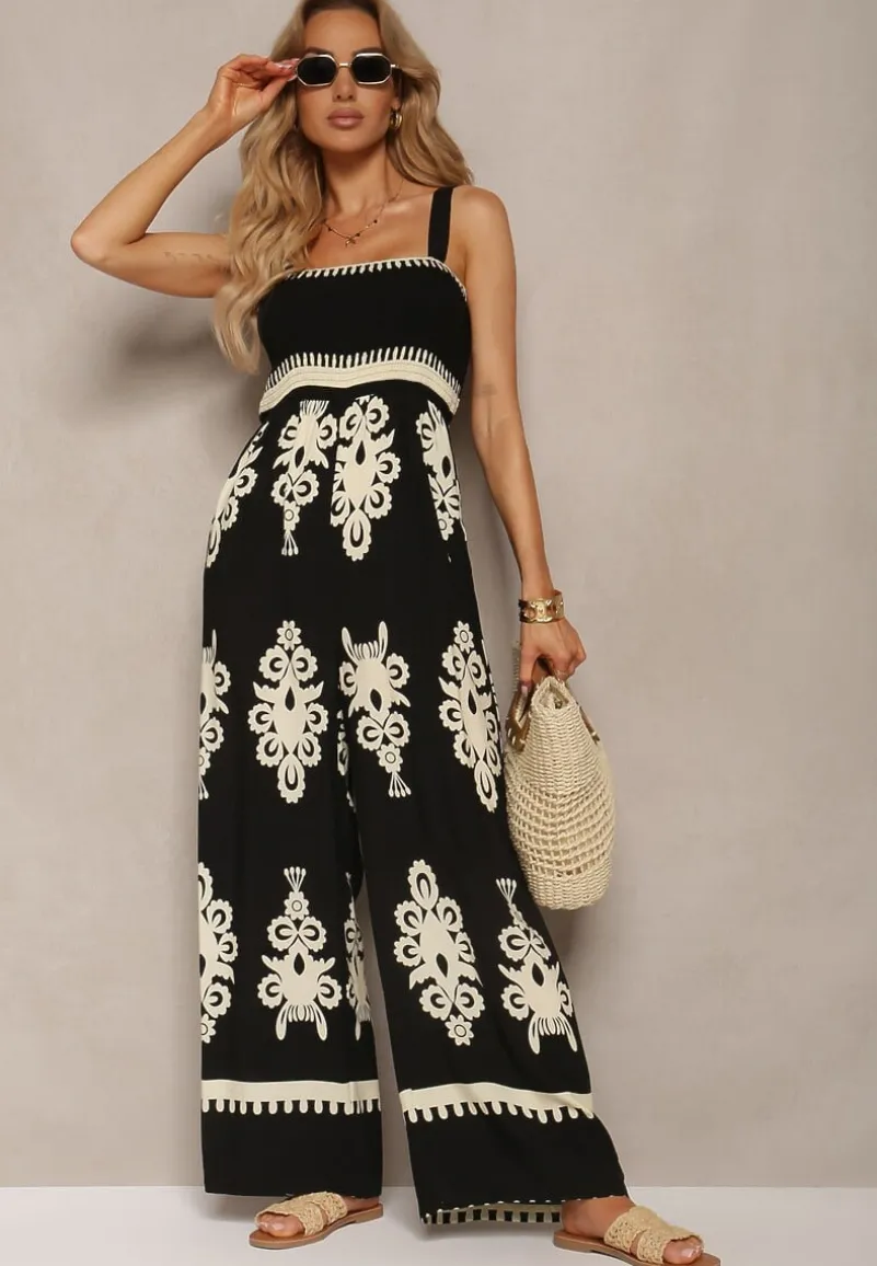 Czarno-Beżowy Wiskozowy Kombinezon z Marszczonym Dekoltem na Ramiączkach z Długimi Nogawkami Amperia