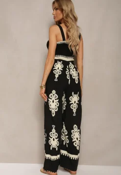 Czarno-Beżowy Wiskozowy Kombinezon z Marszczonym Dekoltem na Ramiączkach z Długimi Nogawkami Amperia