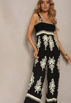 Czarno-Beżowy Wiskozowy Kombinezon z Marszczonym Dekoltem na Ramiączkach z Długimi Nogawkami Amperia