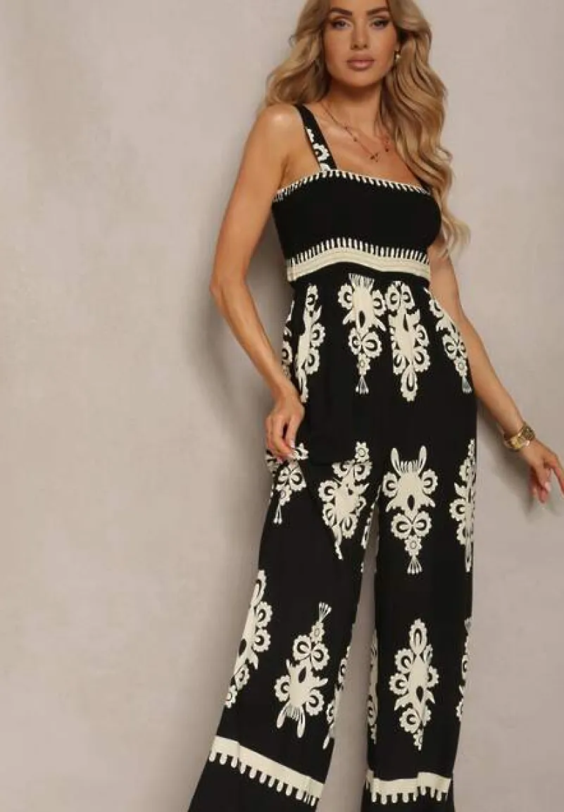 Czarno-Beżowy Wiskozowy Kombinezon z Marszczonym Dekoltem na Ramiączkach z Długimi Nogawkami Amperia