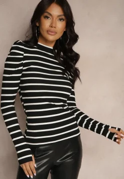 Czarno-Biała Bawełniana Bluzka z Prążkowanego Materiału z Bufiastymi Rękawami i Paskami Senvinna