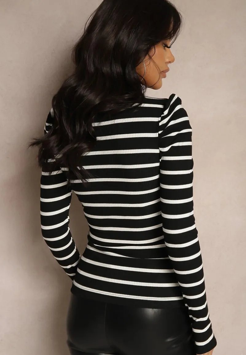 Czarno-Biała Bawełniana Bluzka z Prążkowanego Materiału z Bufiastymi Rękawami i Paskami Senvinna