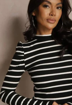 Czarno-Biała Bawełniana Bluzka z Prążkowanego Materiału z Bufiastymi Rękawami i Paskami Senvinna