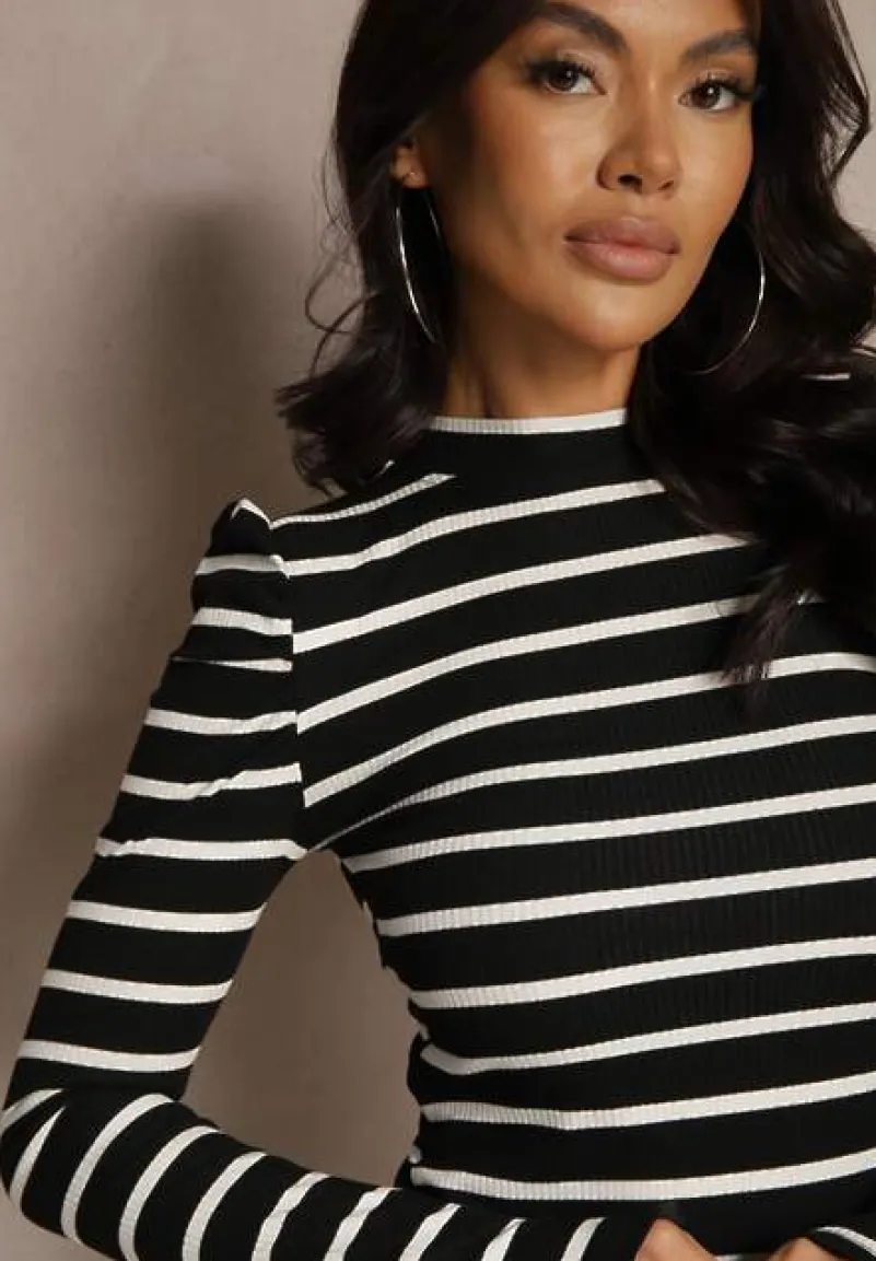 Czarno-Biała Bawełniana Bluzka z Prążkowanego Materiału z Bufiastymi Rękawami i Paskami Senvinna