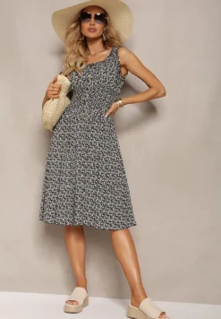 Czarno-Biała Bawełniana Sukienka o Rozkloszowanym Kroju na Ramiączkach z Gumką w Talii Bellazen