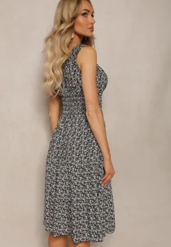 Czarno-Biała Bawełniana Sukienka o Rozkloszowanym Kroju na Ramiączkach z Gumką w Talii Bellazen