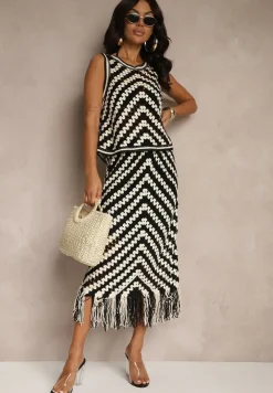 Czarno-Biała Bluzka z Bawełny z Szydełkowym Wzorem Zivarette