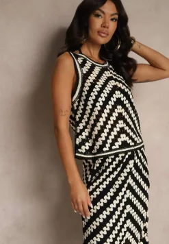 Czarno-Biała Bluzka z Bawełny z Szydełkowym Wzorem Zivarette