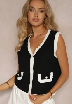 Czarno-Biała Kamizelka z Dodatkiem Wiskozy Ozdobiona Cyrkoniami i Perłami Zapinana na Guziki Ervia