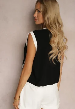 Czarno-Biała Kamizelka z Dodatkiem Wiskozy Ozdobiona Cyrkoniami i Perłami Zapinana na Guziki Ervia