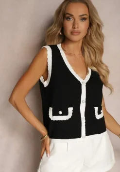 Czarno-Biała Kamizelka z Dodatkiem Wiskozy Ozdobiona Cyrkoniami i Perłami Zapinana na Guziki Ervia