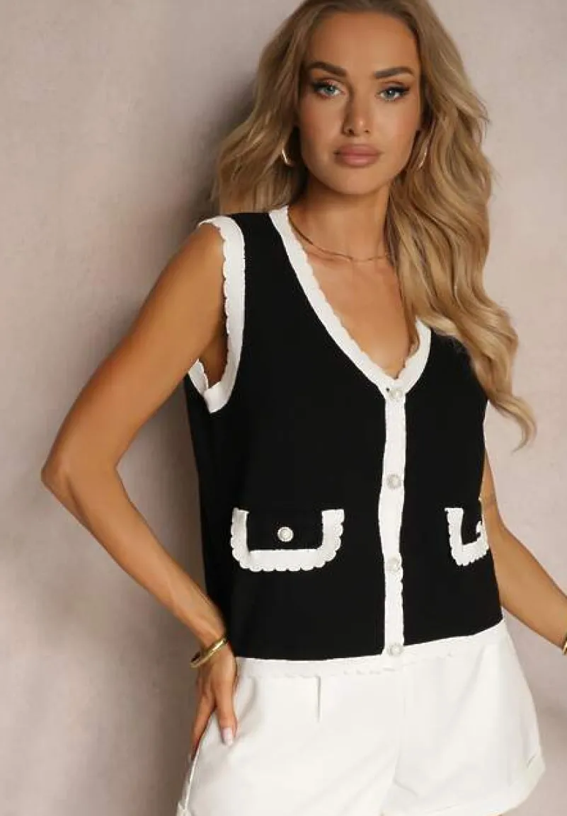 Czarno-Biała Kamizelka z Dodatkiem Wiskozy Ozdobiona Cyrkoniami i Perłami Zapinana na Guziki Ervia