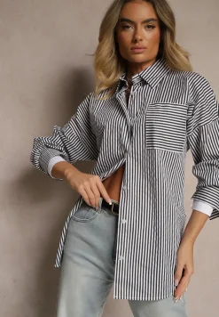 Czarno-Biała Koszula w Paski z Bawełny Talbia