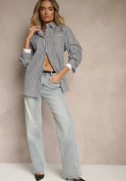 Czarno-Biała Koszula w Paski z Bawełny Talbia