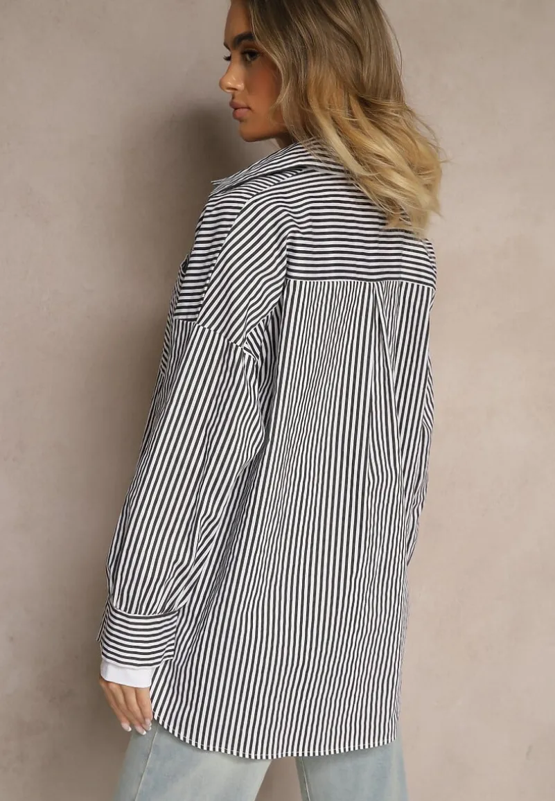 Czarno-Biała Koszula w Paski z Bawełny Talbia