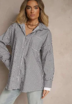 Czarno-Biała Koszula w Paski z Bawełny Talbia