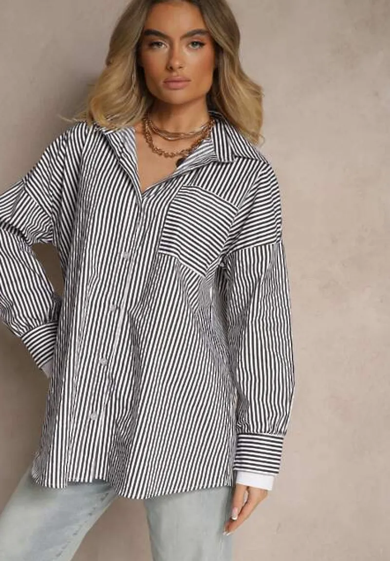 Czarno-Biała Koszula w Paski z Bawełny Talbia