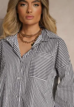 Czarno-Biała Koszula w Paski z Bawełny Talbia