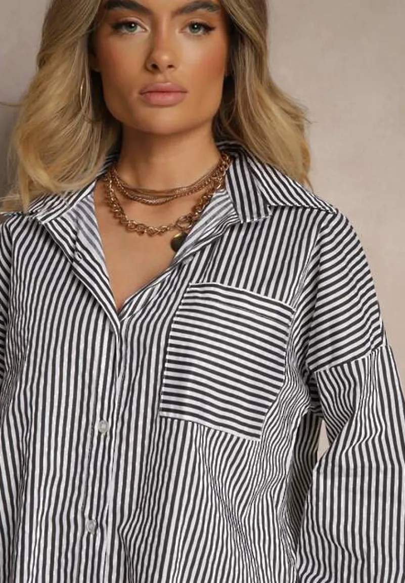 Czarno-Biała Koszula w Paski z Bawełny Talbia