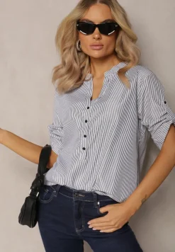 Czarno-Biała Koszula z Bawełny o Luźnym Kroju w Paski z Guziczkami Konolla