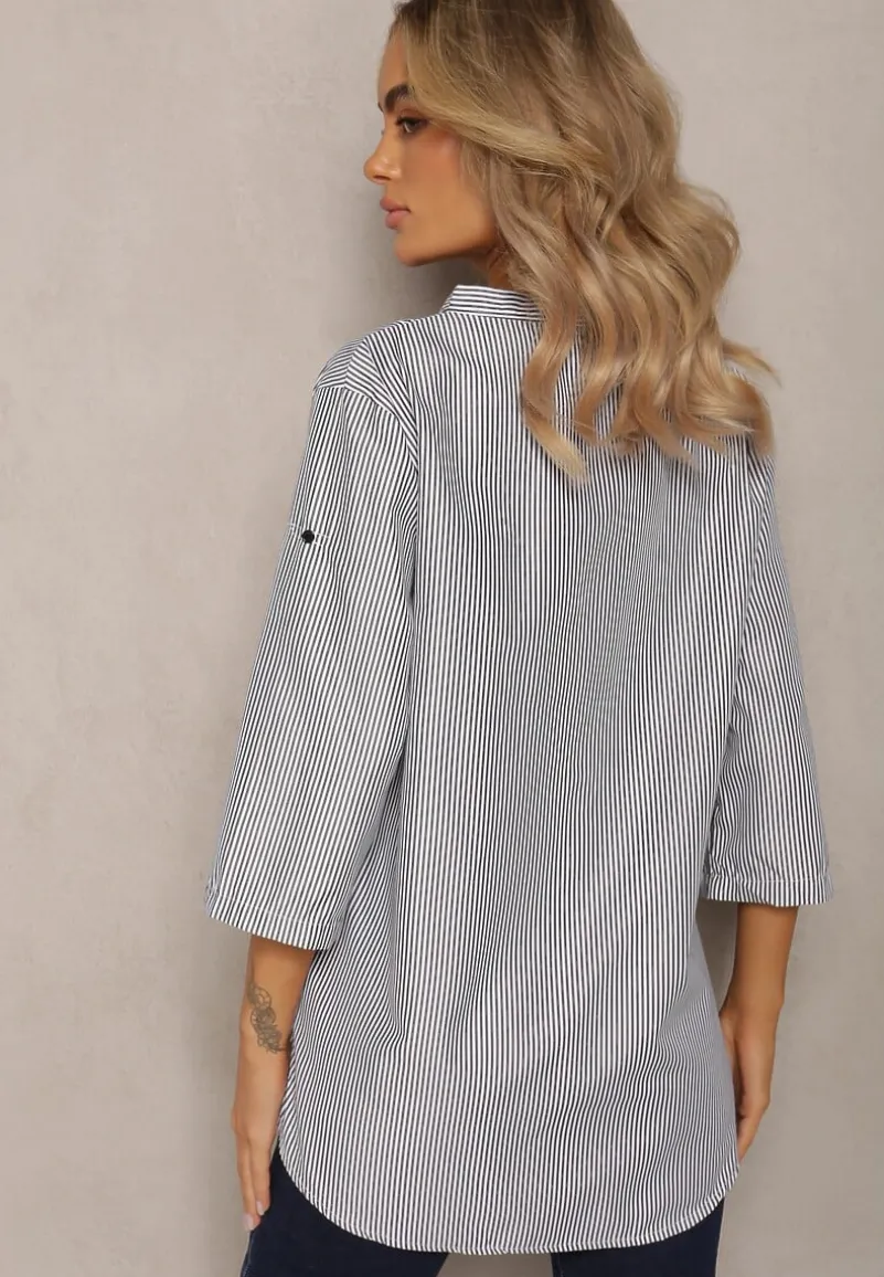 Czarno-Biała Koszula z Bawełny o Luźnym Kroju w Paski z Guziczkami Konolla