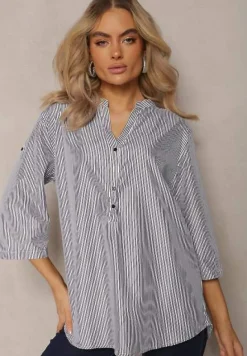 Czarno-Biała Koszula z Bawełny o Luźnym Kroju w Paski z Guziczkami Konolla