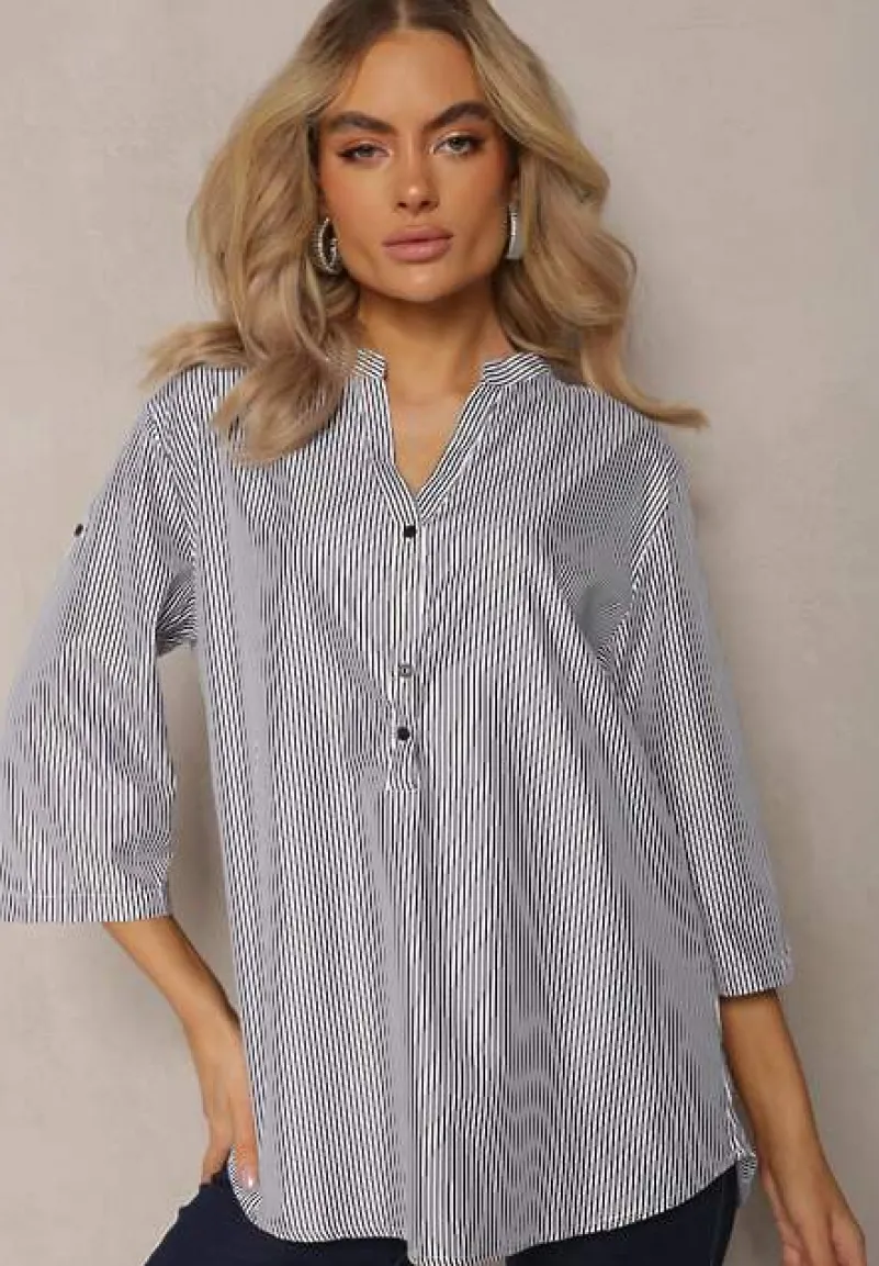 Czarno-Biała Koszula z Bawełny o Luźnym Kroju w Paski z Guziczkami Konolla