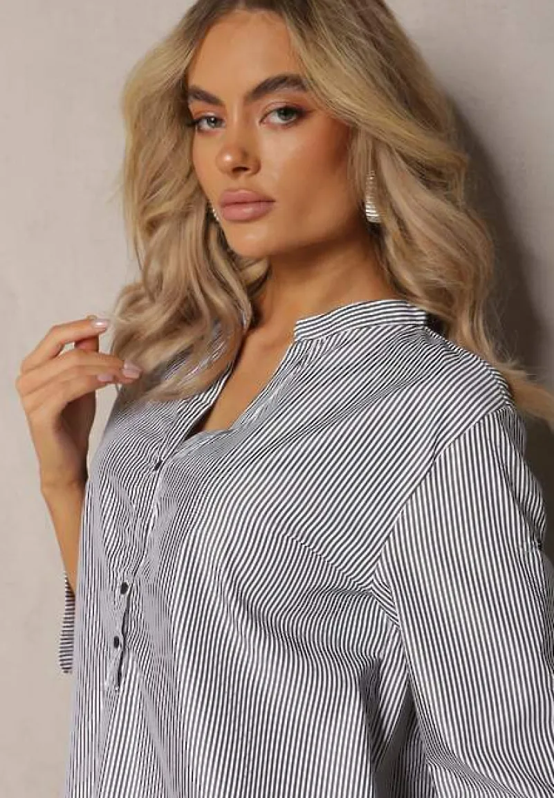 Czarno-Biała Koszula z Bawełny o Luźnym Kroju w Paski z Guziczkami Konolla