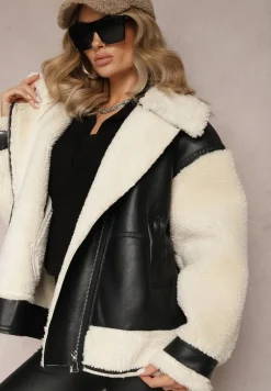 Czarno-Biała Kurtka Ramoneska z Futerkiem Mysteri