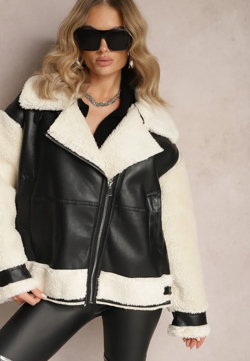 Czarno-Biała Kurtka Ramoneska z Futerkiem Mysteri