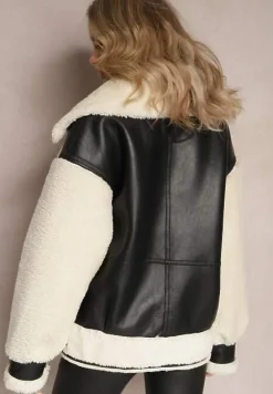 Czarno-Biała Kurtka Ramoneska z Futerkiem Mysteri