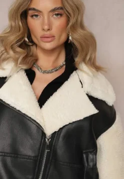 Czarno-Biała Kurtka Ramoneska z Futerkiem Mysteri