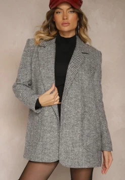 Czarno-Biała Marynarka Bez Zapięć Wyposażona w Poduszki w Ramionach i Kieszenie Avalira