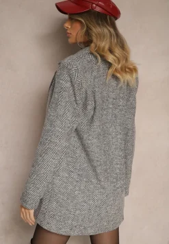 Czarno-Biała Marynarka Bez Zapięć Wyposażona w Poduszki w Ramionach i Kieszenie Avalira