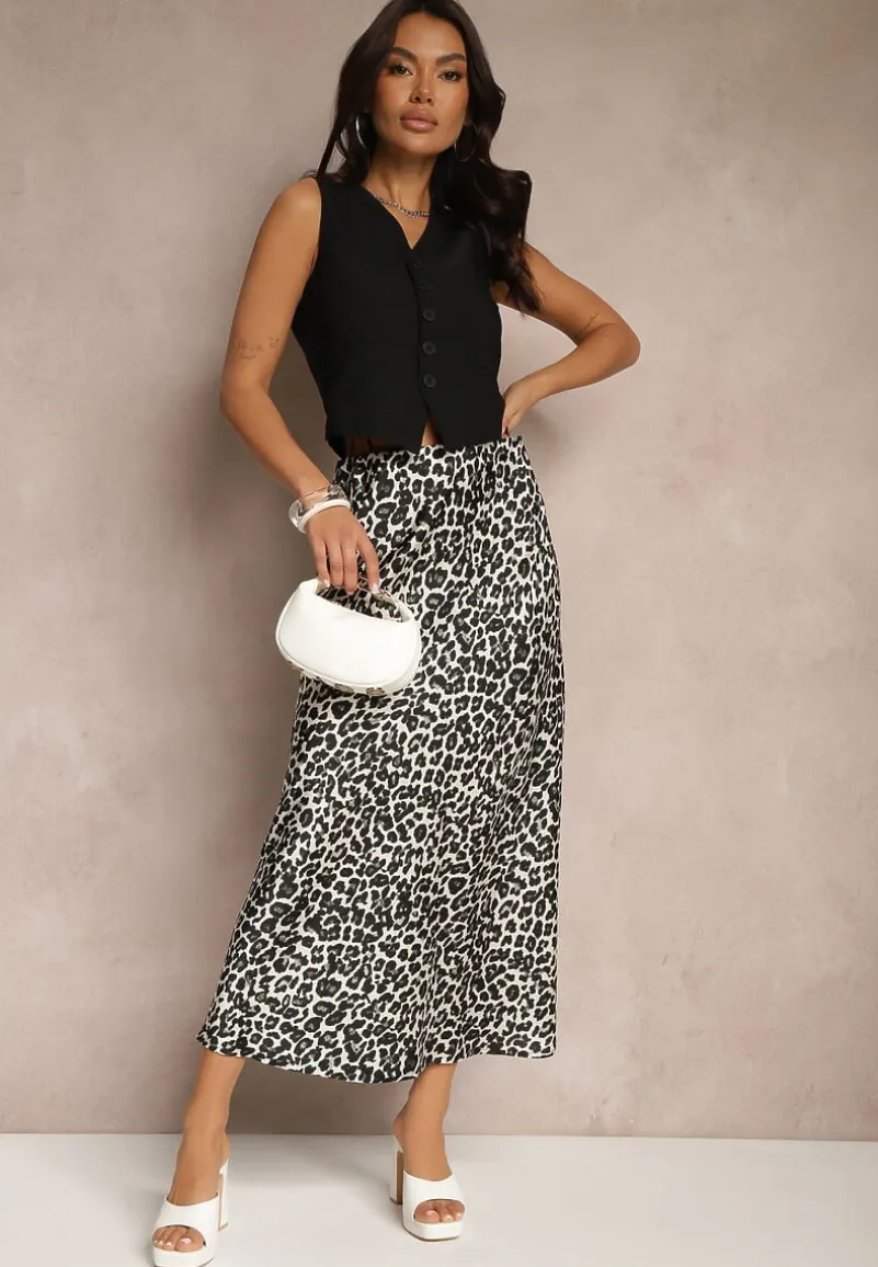 Czarno-Biała Spódnica High Waist ze Zwierzęcym Printem i Gumką w Talii Dimella