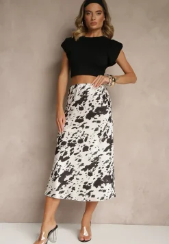 Czarno-Biała Spódnica z Satynowej Tkaniny Zdobiona Krowim Printem Kolorea